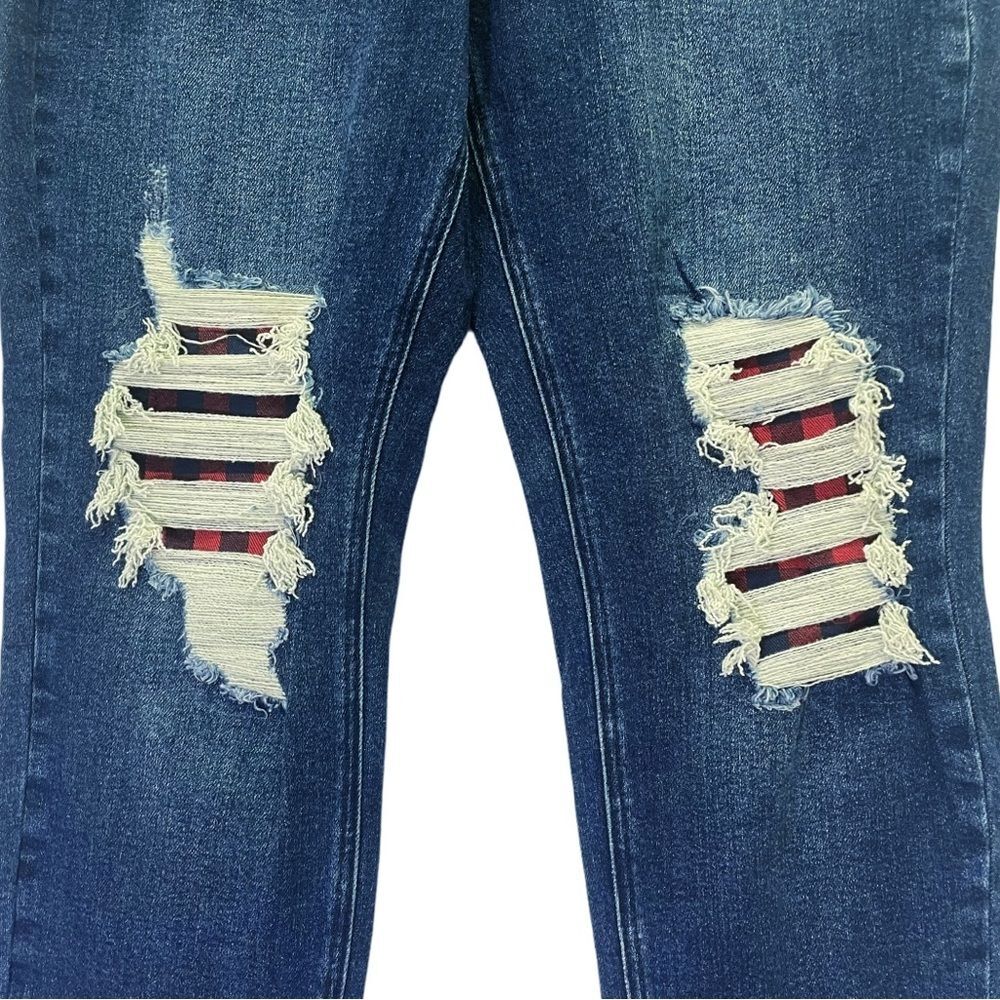Judy Blue Buffalo Plaid Patch Midrise Cuffed Boyfriend Jeans Dark Wash Size 29 - Picture 9 of 15